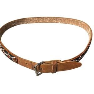 Vintage Leather Brown Red Black Southwestern Boho‎ Hand Beaded Belt 38 Long